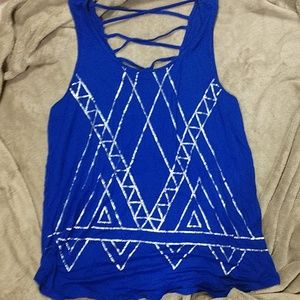 Blue Tank with Criss Cross Back and Silver Design